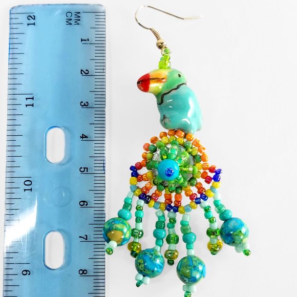 Whimsical Colorful Tropical Parrot Beaded Dangling Earrings, BOHO - Picture 5 of 6